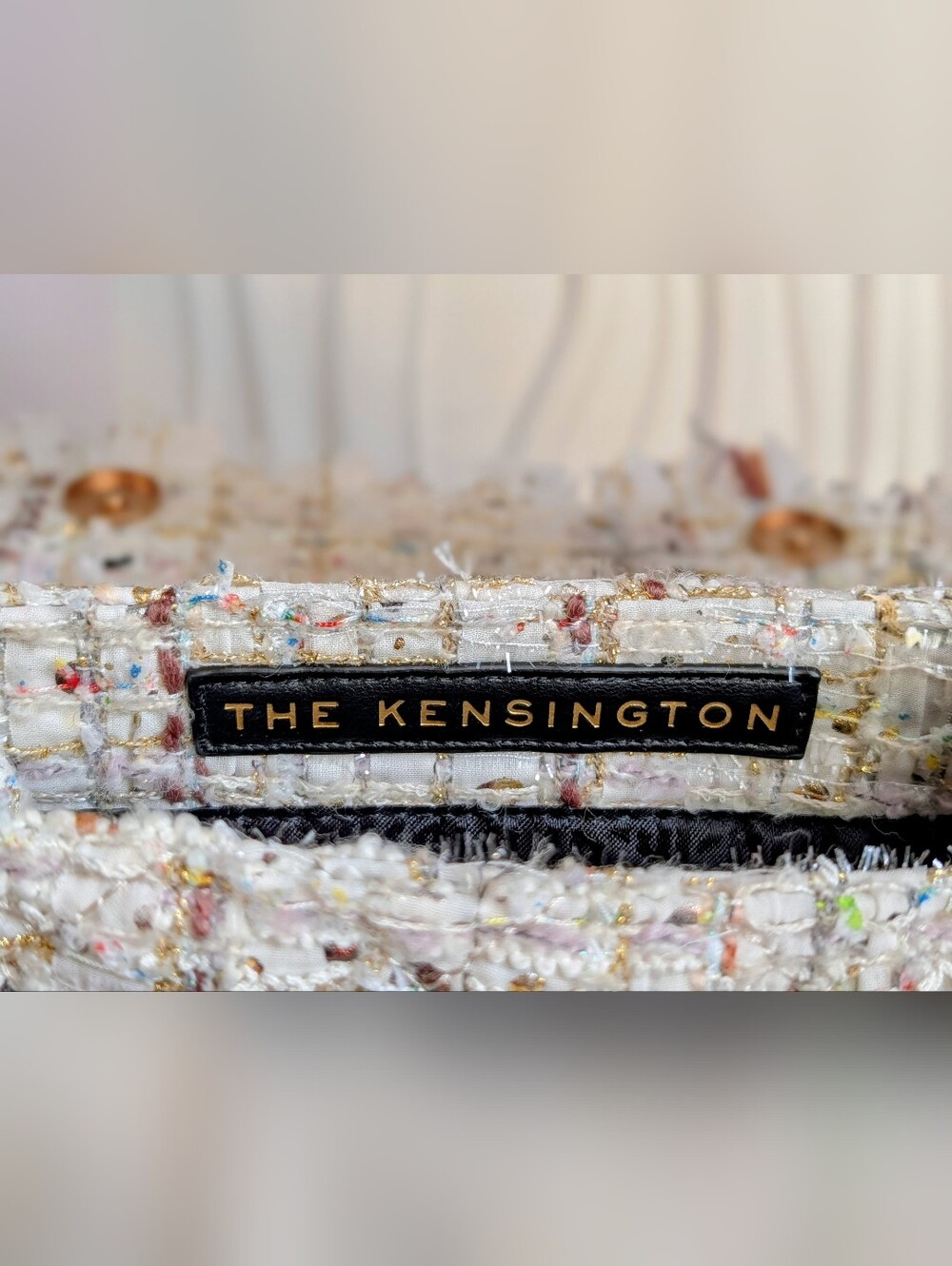 Kurt Geiger Cream Tweed Crossbody Bag with Gold Chain and Pearl Detail - Picture 13 of 16